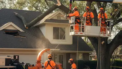 Chicago, IL arborist removing a storm-damaged tree for emergency tree service
