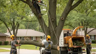 Chicago, IL tree removal crew safely removing a hazardous tree on a residential property