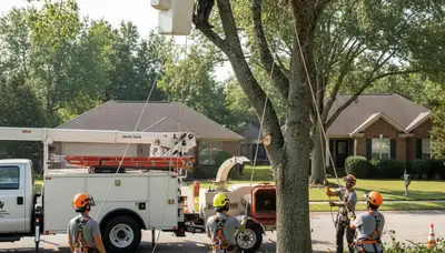 Chicago, IL tree removal crew safely removing a hazardous tree for a local homeowner