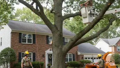 Chicago, IL tree service team removing a large tree for safe residential property protection