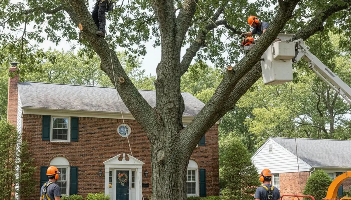 Tree service crew trimming a tree in Chicago, IL for safe removal and property care