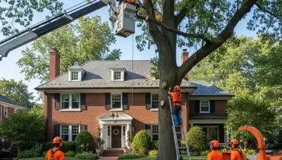 Chicago IL tree service crew performing professional tree removal for a local business site