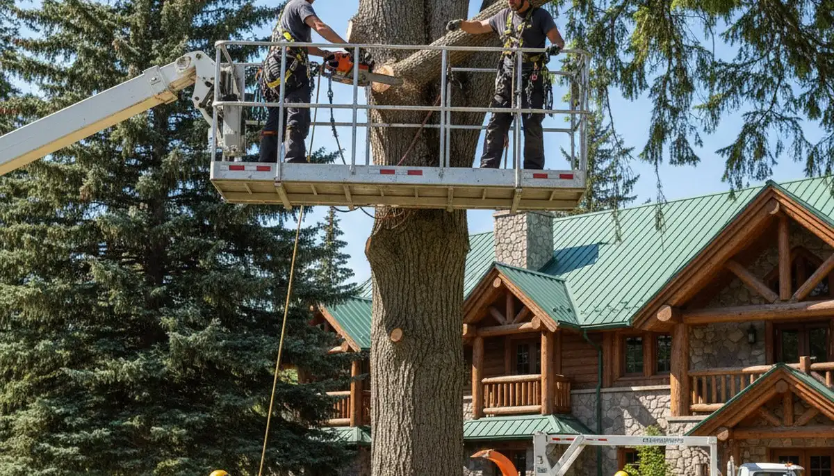 Chicago tree service crew removing a tree near a home, arborchicagotreeremoval.com, Chicago, IL