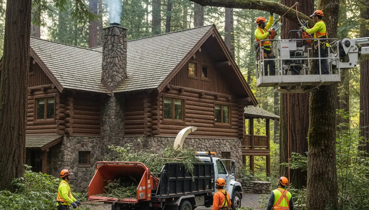 Tree service crew removing a tree in Chicago, IL for safe residential property clearance