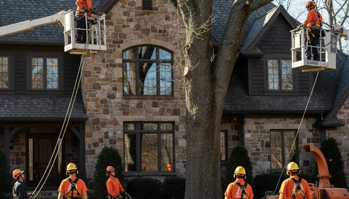Chicago, IL tree service crew trimming a tree near a residential property for safe removal and care